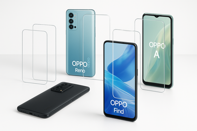 Oppo smartphones with premium screen protectors showcasing camera-optimized protection