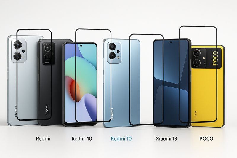 Xiaomi and Redmi smartphones with premium screen protectors showing complete protection