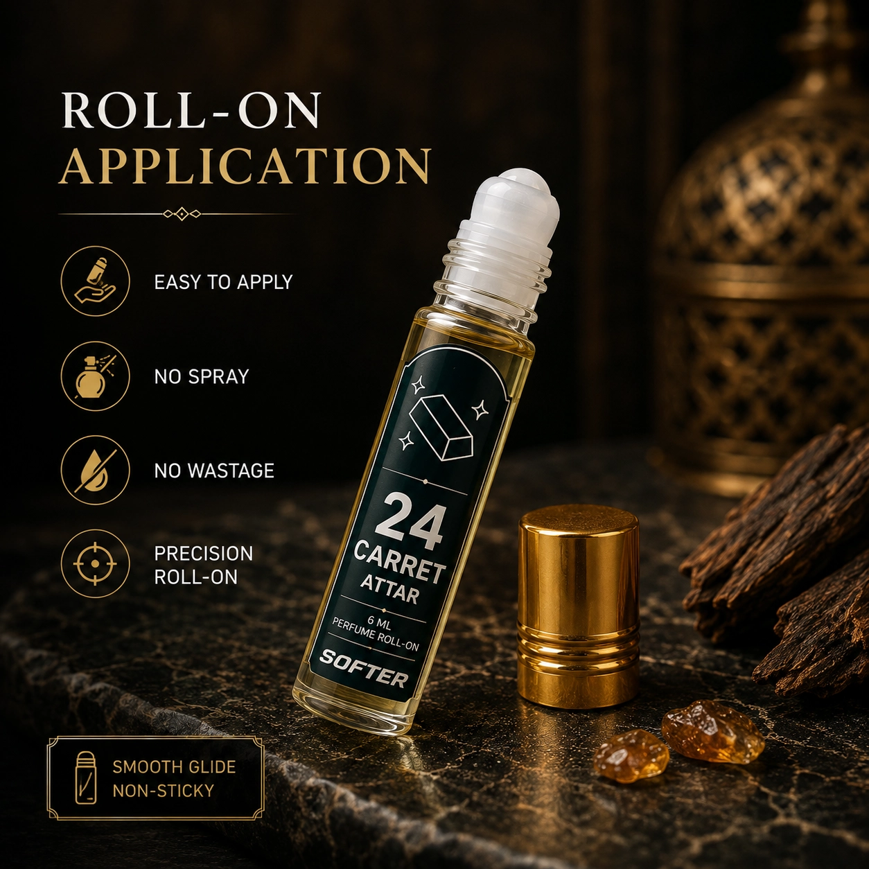 Easy Roll-On Application of Softer 24 Carret Attar