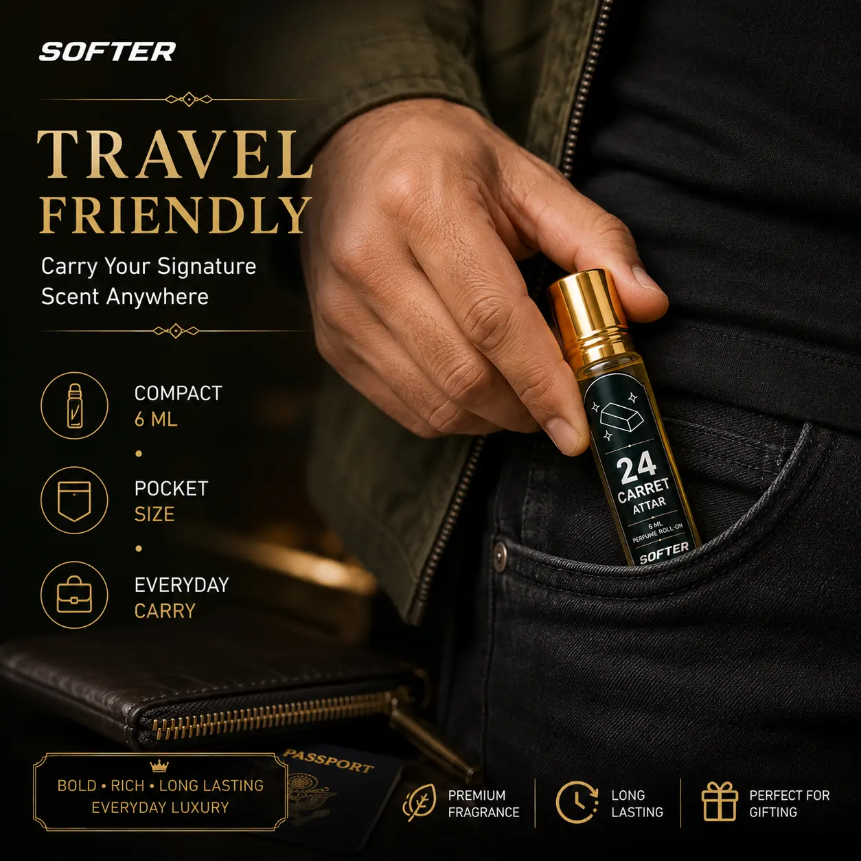 Softer 24 Carret 6ml Travel Friendly Pocket Attar